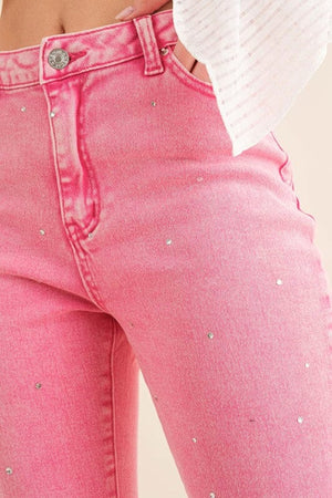 Studded Rhinestone Distressed Denim Jeans Blue B Pink S 