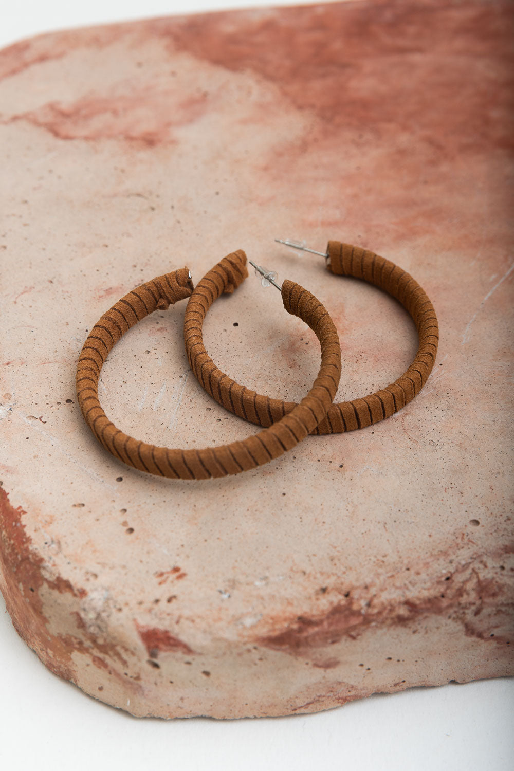 Suede Leather Wrapped Hoop Earrings Jewelry Camel