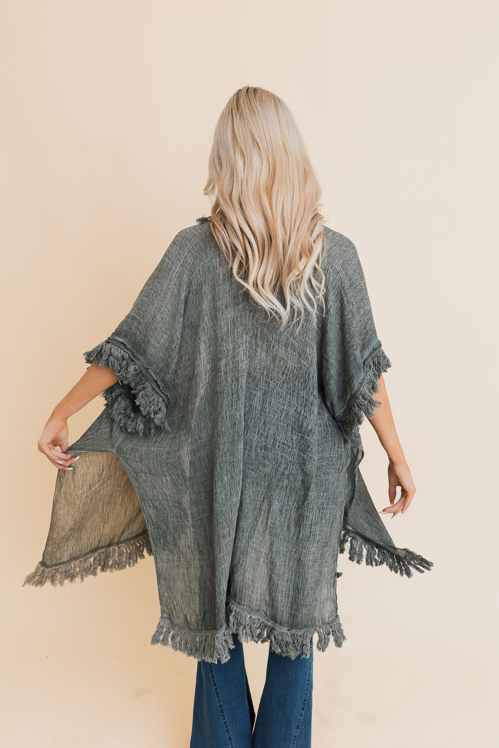 Sun Bleached Fringe Ruffle Kimono Kimonos One Size / Olive