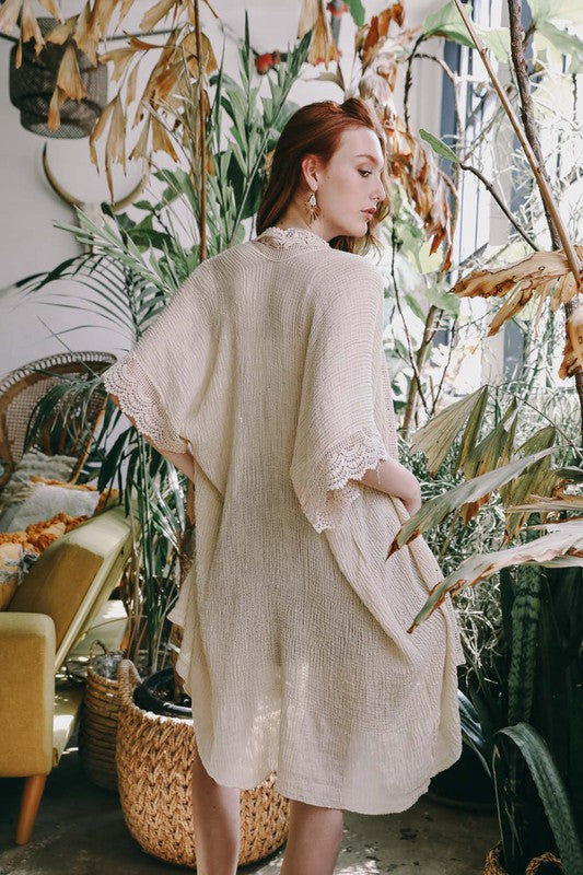 Sunshine Lace Trim Kimono Ivory