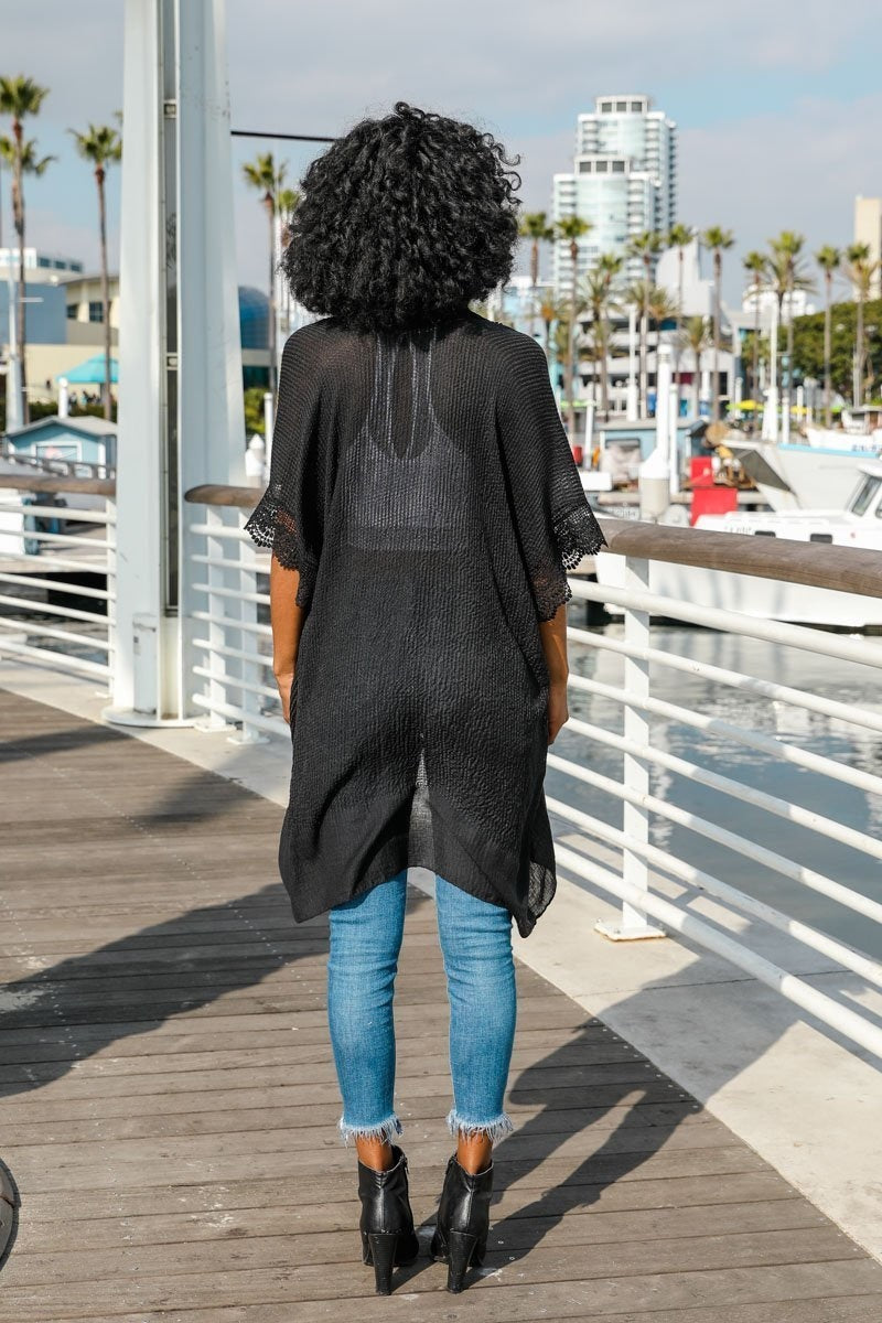 Sunshine Lace Trim Kimono Black