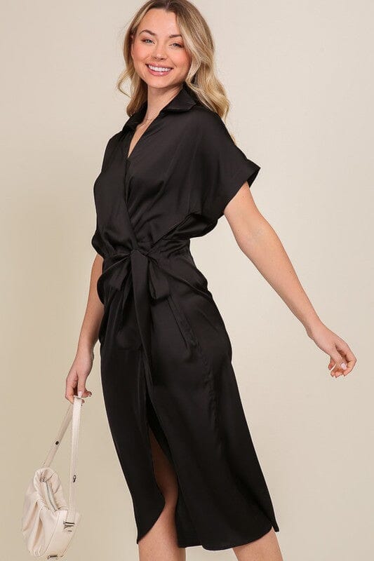 SURPLICE SATIN WRAP DRESS TIMING Black S 