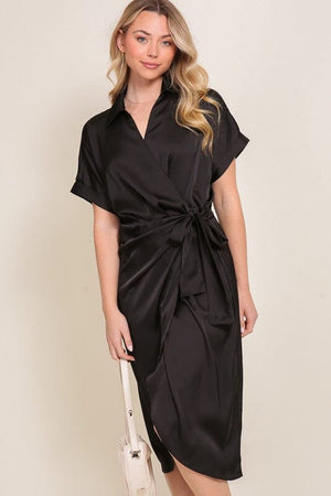 SURPLICE SATIN WRAP DRESS TIMING Black S 