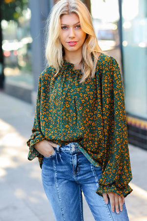Sweet But Sassy Hunter Green Ditzy Floral Frill Neck Top Haptics 