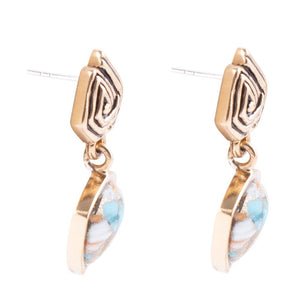 Swirled Blue Turquoise and Orange Sponge Coral Matrix Golden Post Earrings