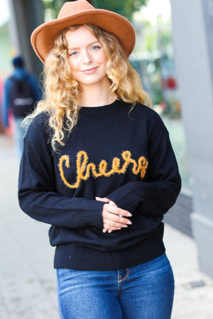 Take Note Black Embroidery "Cheers" Oversized Knit Top Haptics 