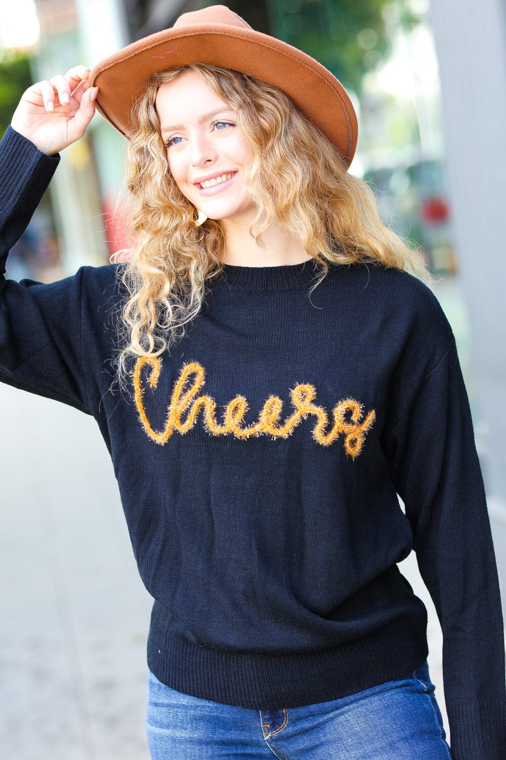 Take Note Black Embroidery "Cheers" Oversized Knit Top Haptics 