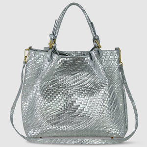 Italian Genuine Basketweave-Embossed Metallic Suede Top-Handle Bag | Imperia