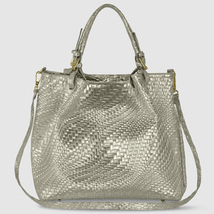 Italian Genuine Basketweave-Embossed Metallic Suede Top-Handle Bag | Imperia