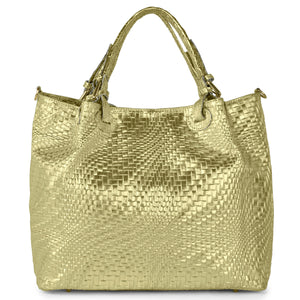 Italian Genuine Basketweave-Embossed Metallic Suede Top-Handle Bag | Imperia