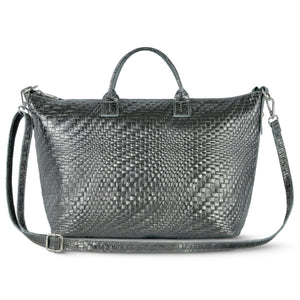 Italian Genuine Basketweave-Embossed Metallic Suede Top-Handle Bag | Treviso