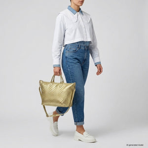 Italian Genuine Basketweave-Embossed Metallic Suede Top-Handle Bag | Treviso