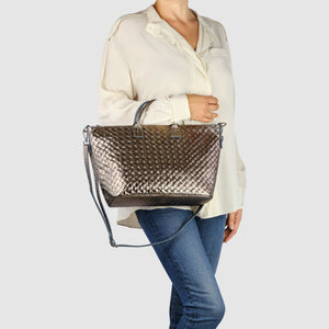 Italian Genuine Woven-Embossed Metallic Suede Top-Handle Bag | Urbino