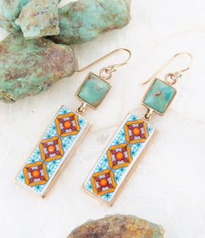 Talavera Tile and Blue Turquoise Golden Dangle Earrings