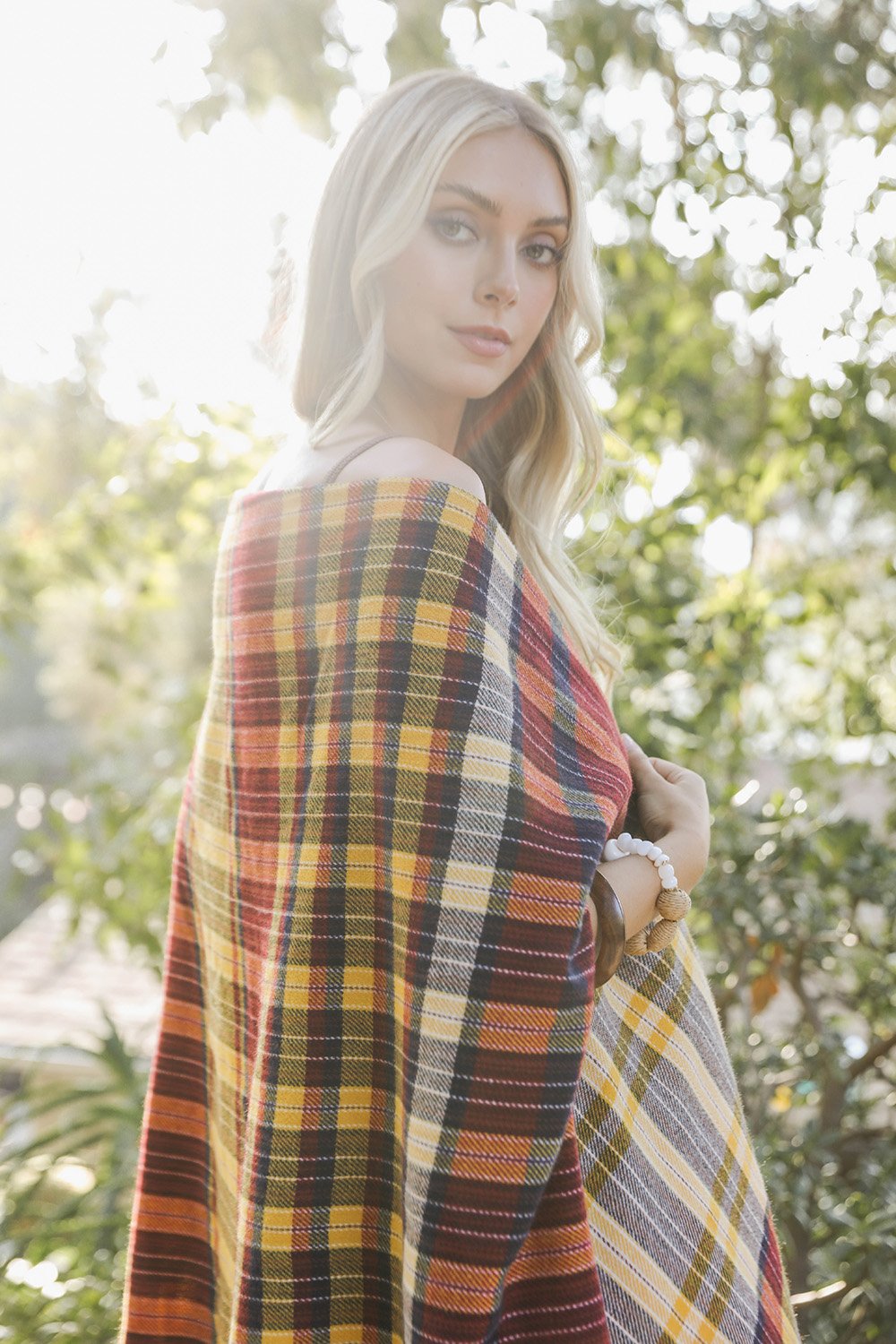 Tartan Check Pocket Ruana Ponchos Red Mustard