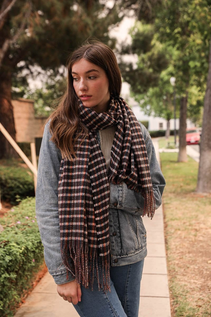 Tartan Woven Tassel Scarf Scarves Black