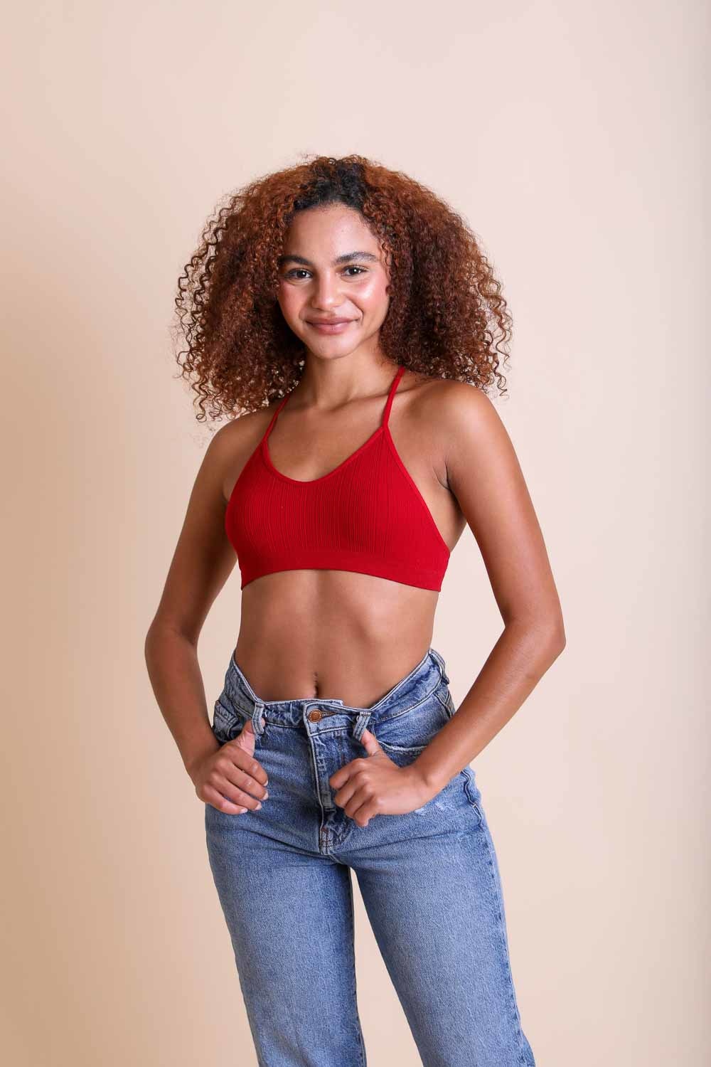 Tattoo back red bralette with embroidered mesh racerback style.