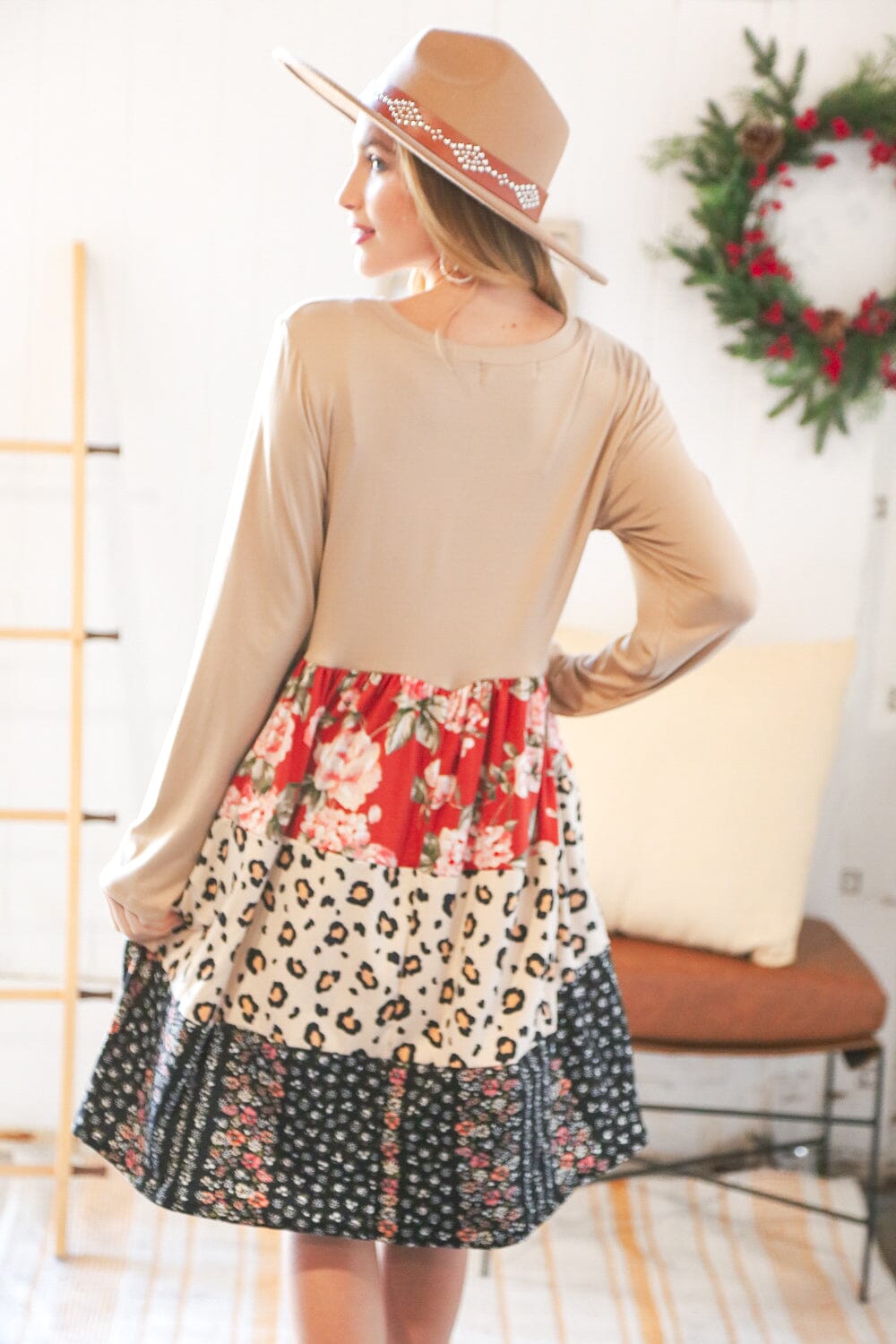 Taupe Floral & Leopard Print Tiered Pocketed Mid Dress Haptics 