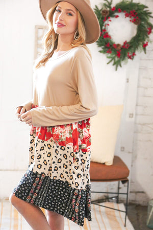 Taupe Floral & Leopard Print Tiered Pocketed Mid Dress Haptics 