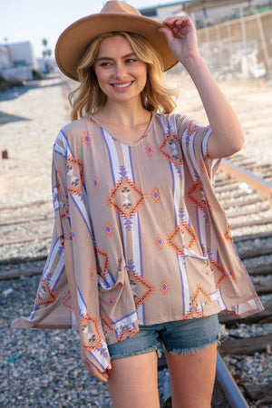 Taupe Mixed Aztec Front Pocket Poncho Top Hayzel 