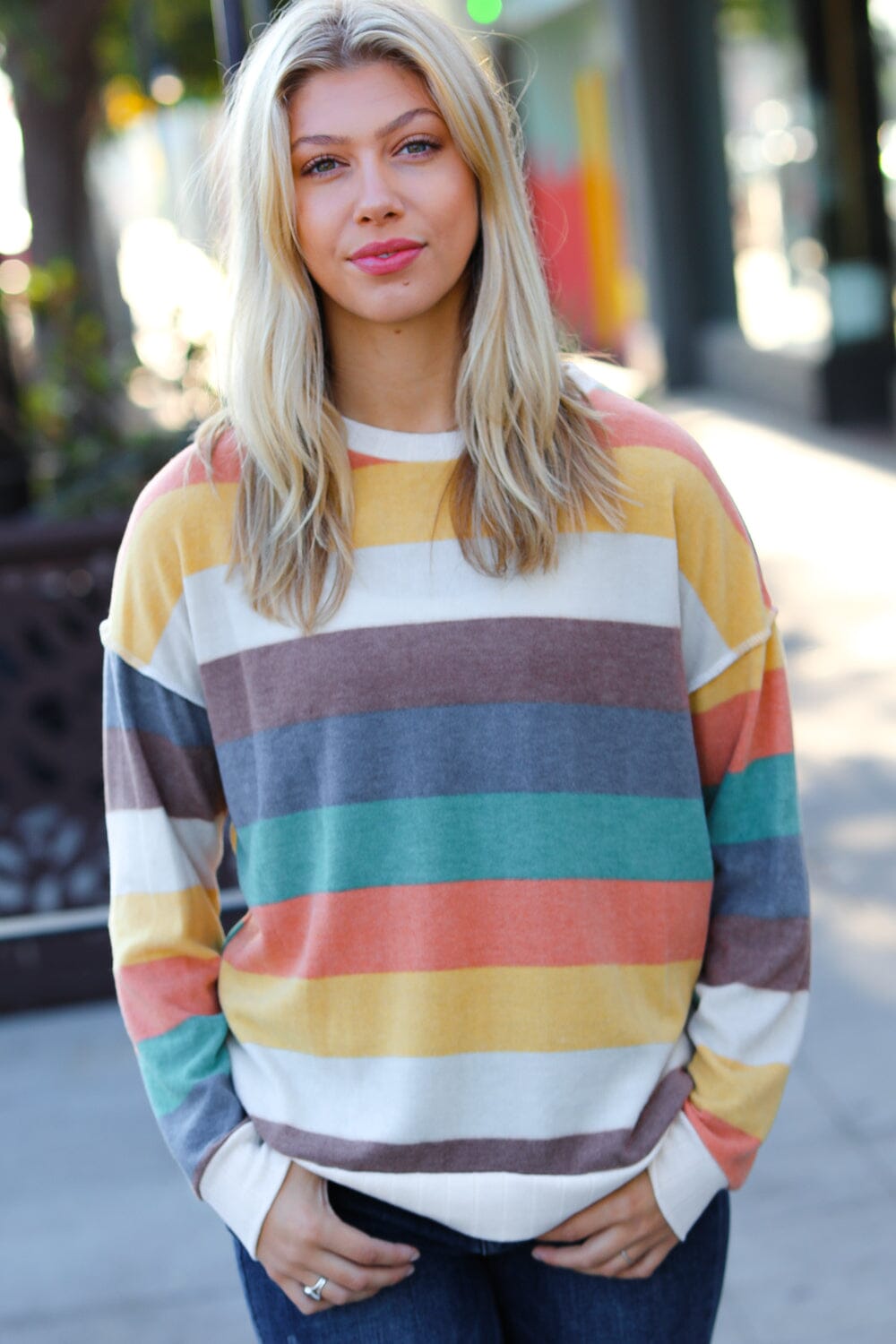 Teal & Mustard Stripe Hacci Outseam Sweater Top Haptics 