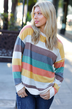 Teal & Mustard Stripe Hacci Outseam Sweater Top Haptics 