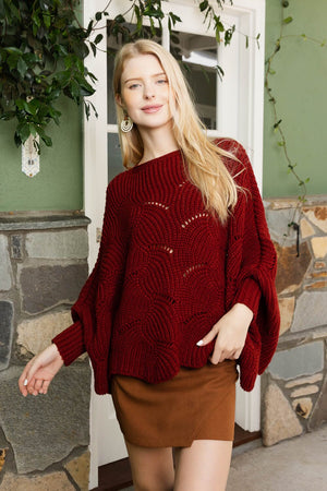 Texture Trend Sleeve-Knit Poncho Ponchos Leto Collection One Size Burgundy 