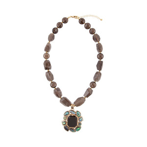 Tribecca Blue Abalone and Black Smoky Quartz Golden Statement Necklace