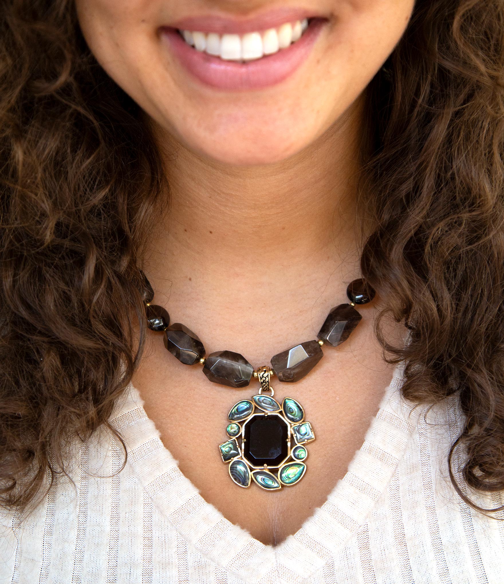 Tribecca Blue Abalone and Black Smoky Quartz Golden Statement Necklace