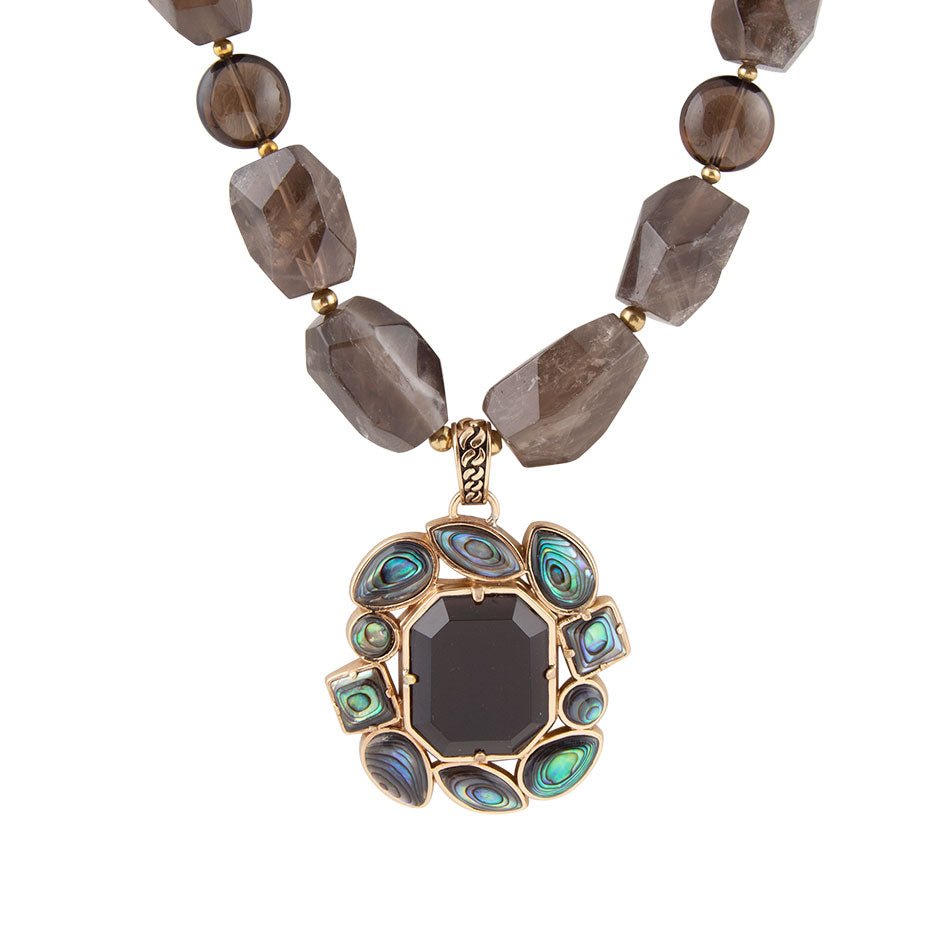 Tribecca Blue Abalone and Black Smoky Quartz Golden Statement Necklace