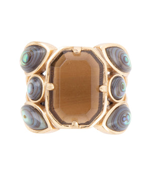 Tribecca Smoky Brown Quartz and Abalone Statement Golden Ring