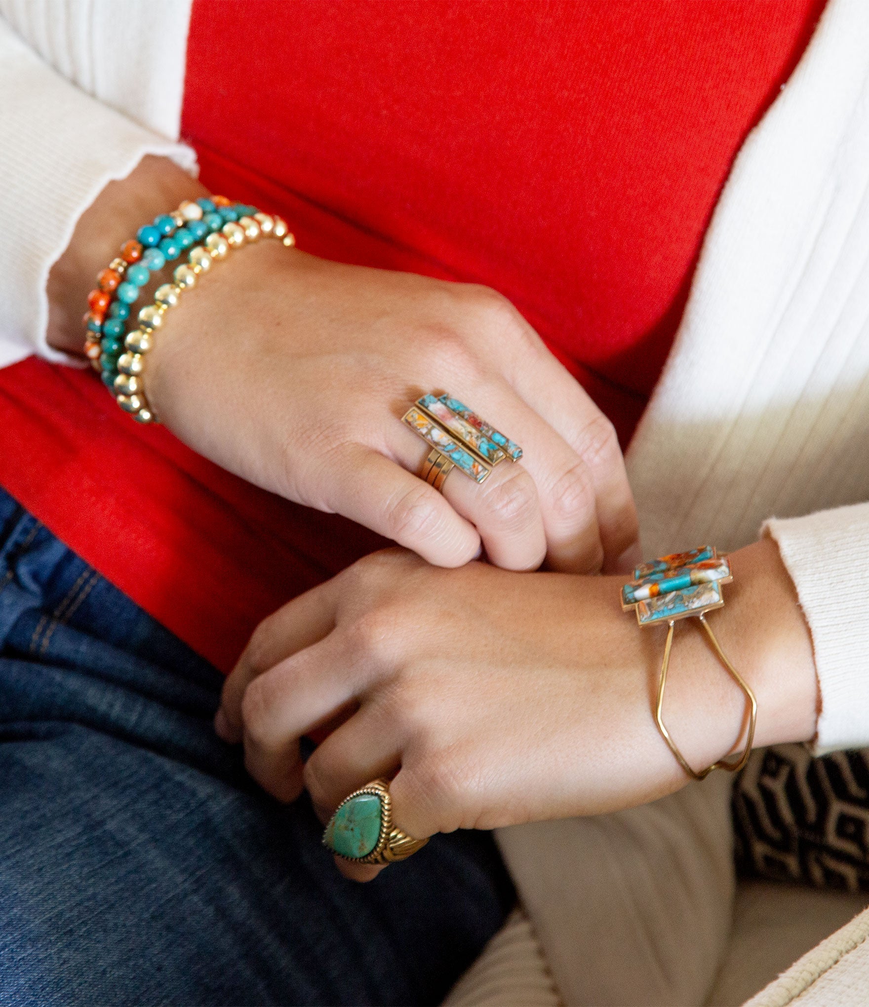 Triple Threat Blue Turquoise Orange Spiny Oyster Matrix Golden Ring Set