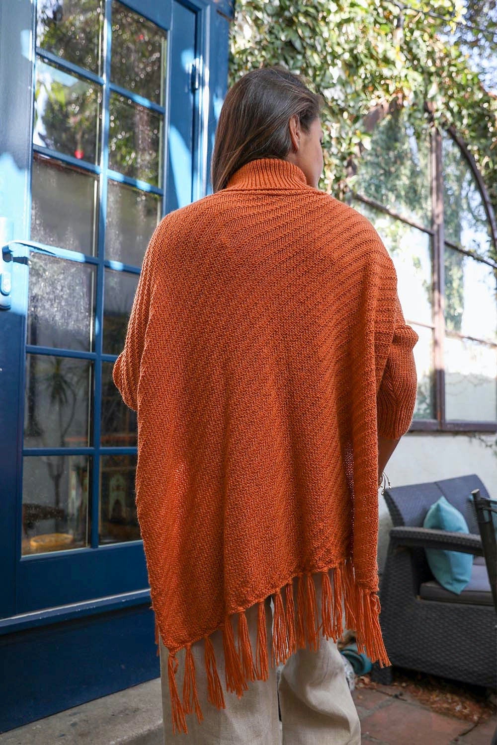 Turtleneck Sleeved Knit Frayed Poncho Ponchos Rust