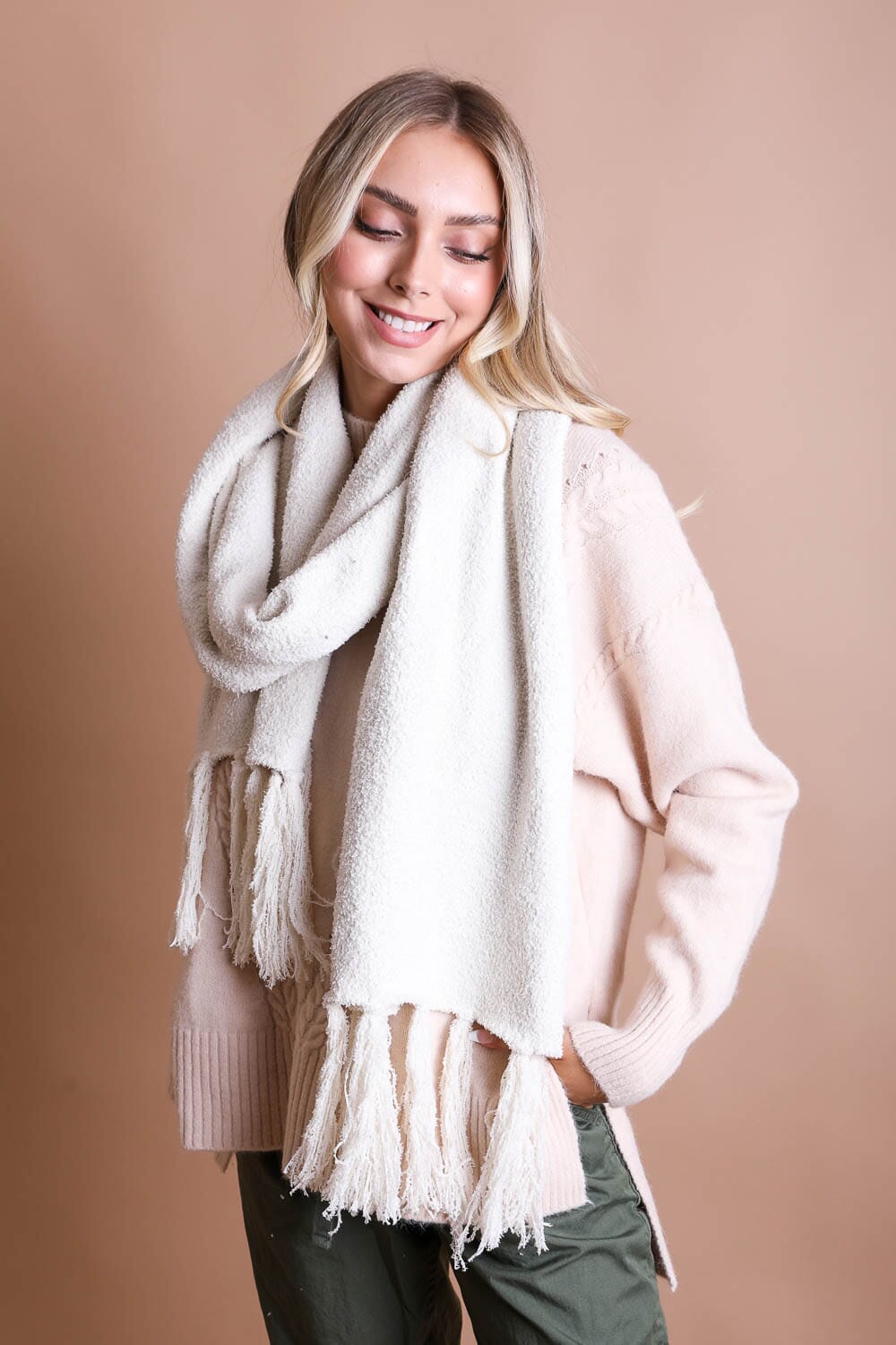 Ultra-Soft Boucle Tassel Scarf Scarves Leto Collection Ivory 