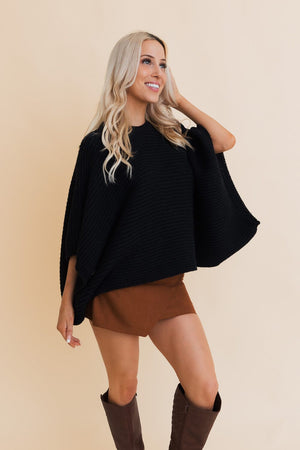 Urban Chic Ribbed Knit Sleeve Poncho Ponchos Leto Collection One Size Black 
