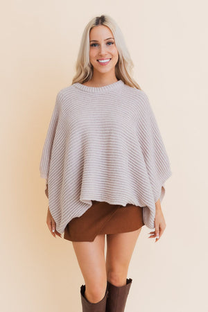 Urban Chic Ribbed Knit Sleeve Poncho Ponchos Leto Collection One Size Ecru 