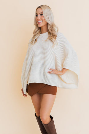 Urban Chic Ribbed Knit Sleeve Poncho Ponchos Leto Collection One Size Ivory 