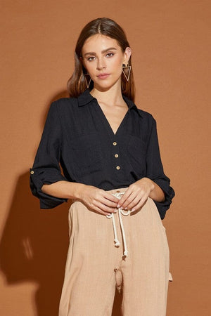 V Neck Button Down Henley Shirt Mustard Seed BLACK S 