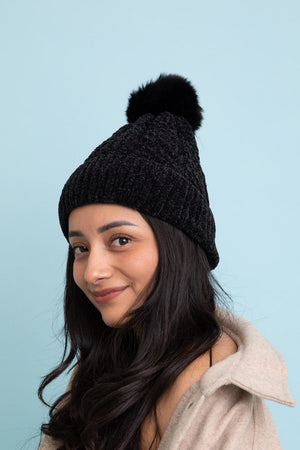 Velvet Cable Knit Pom Beanie Beanies Leto Collection Charcoal 
