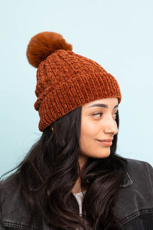Velvet Cable Knit Pom Beanie Beanies Leto Collection Rust 