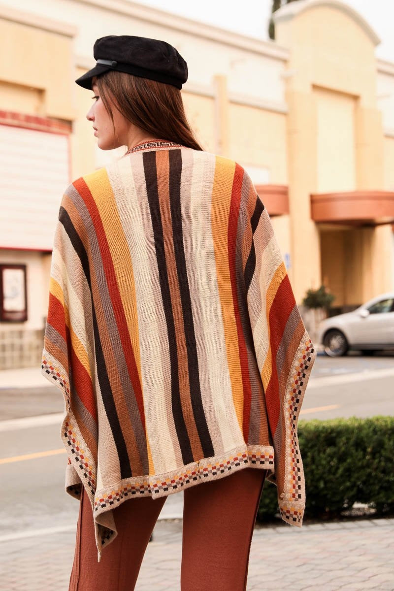 Vertical Stripe Multipattern Ruana Ponchos Camel