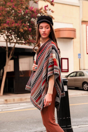 Vertical Stripe Multipattern Ruana Ponchos Leto Collection Red 