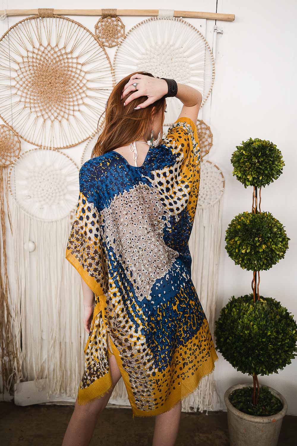 Vibrant Multicolor Frayed Kimono Mustard