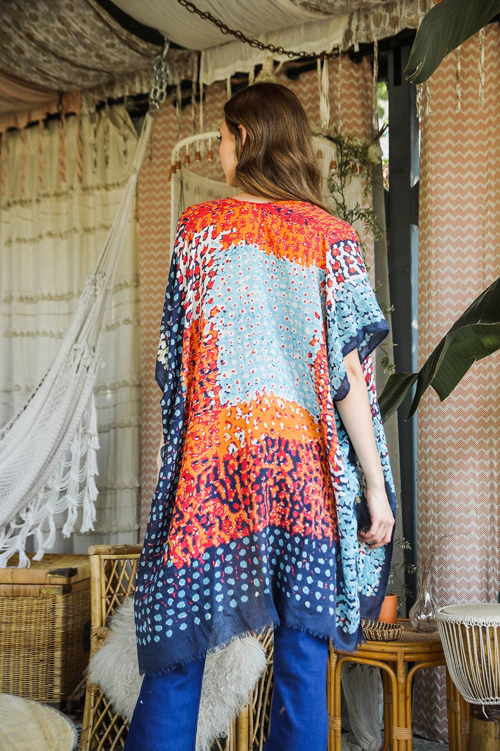 Vibrant Multicolor Frayed Kimono Navy