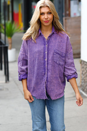 Violet Washed Cotton Gauze Button Down Shirt Zenana 