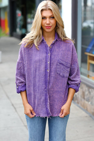 Violet Washed Cotton Gauze Button Down Shirt Zenana 