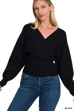 Viscose Cross Wrap Pullover Sweater ZENANA BLACK S 