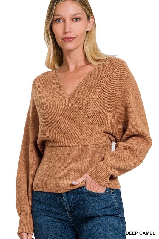 Viscose Cross Wrap Pullover Sweater ZENANA DEEP CAMEL S 