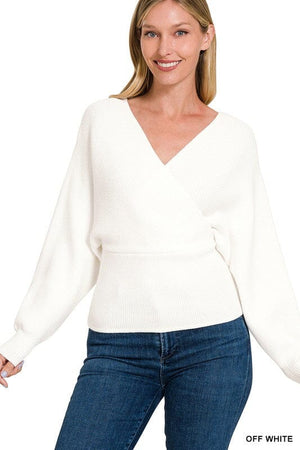 Viscose Cross Wrap Pullover Sweater ZENANA OFF WHITE S 