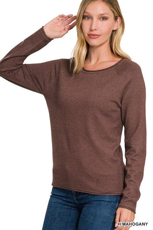 Viscose Round Neck Basic Sweater ZENANA H MAHOGANY S 